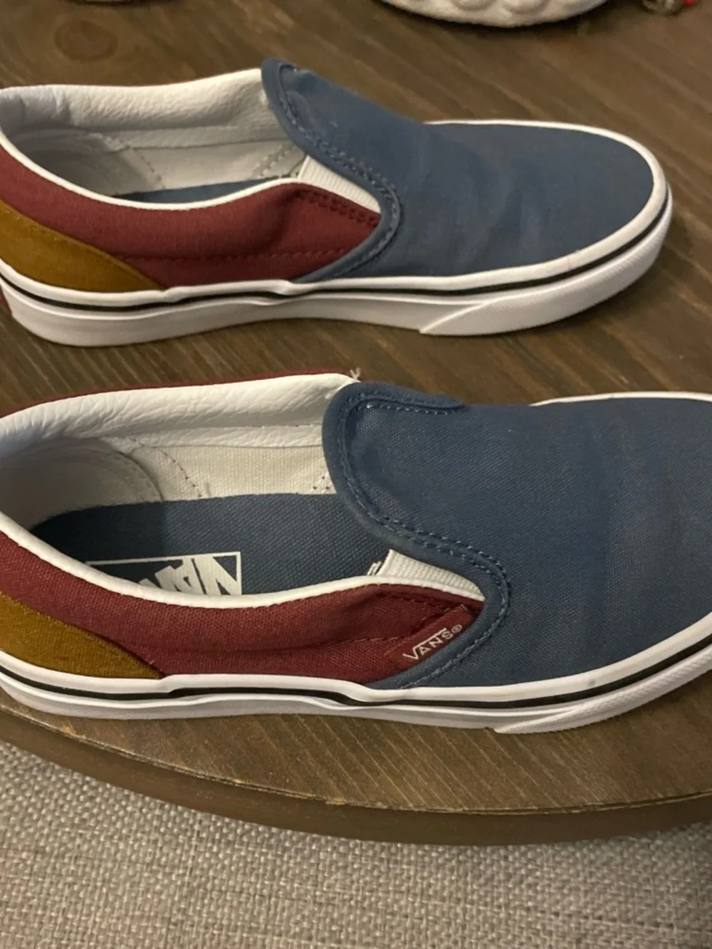 Vans Kids Slip-On Sneakers in Blue with Red and Mustard Accents